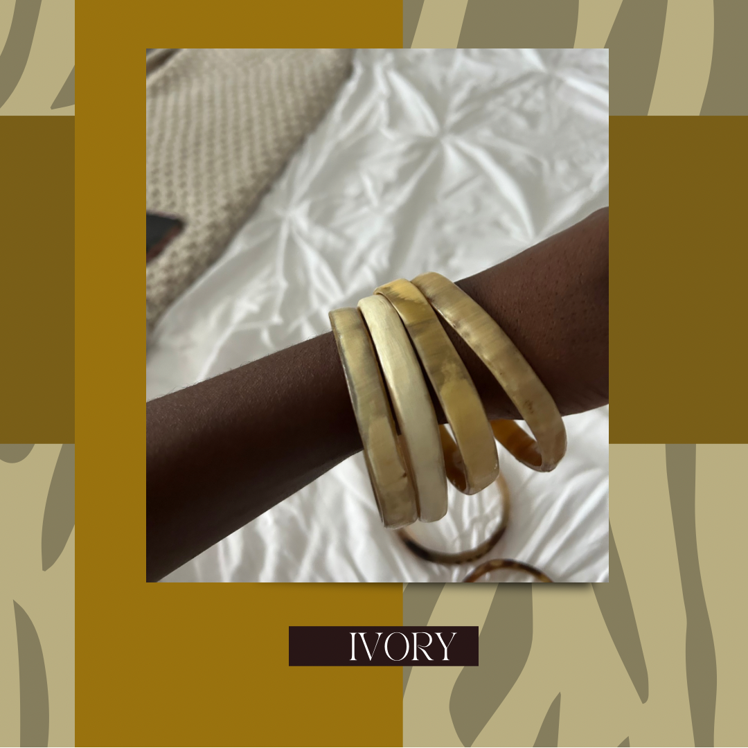 A promotional graphic for 'Summa Bangles' showing a stack of four ivory-colored bangles on a person's wrist, set against a white textured fabric background. The graphic features a gold and beige patterned border with text reading 'SUMMA BANGLES ARE HERE' at the top and 'IVORY' at the bottom.